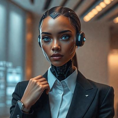 The primary subject of the image is a woman wearing a suit and tie, with a futuristic or cyberpunk-inspired look. She is posing for the camera, and her outfit includes a white shirt and a black jacket. The setting appears to be a futuristic or high-tech environment, possibly a room with a computer or a futuristic cityscape. The visual style of the image is digital art or illustration, with a focus on the woman's outfit and the futuristic elements in the background. The colors and mood of the image are dark and moody, with a sense of mystery and intrigue.